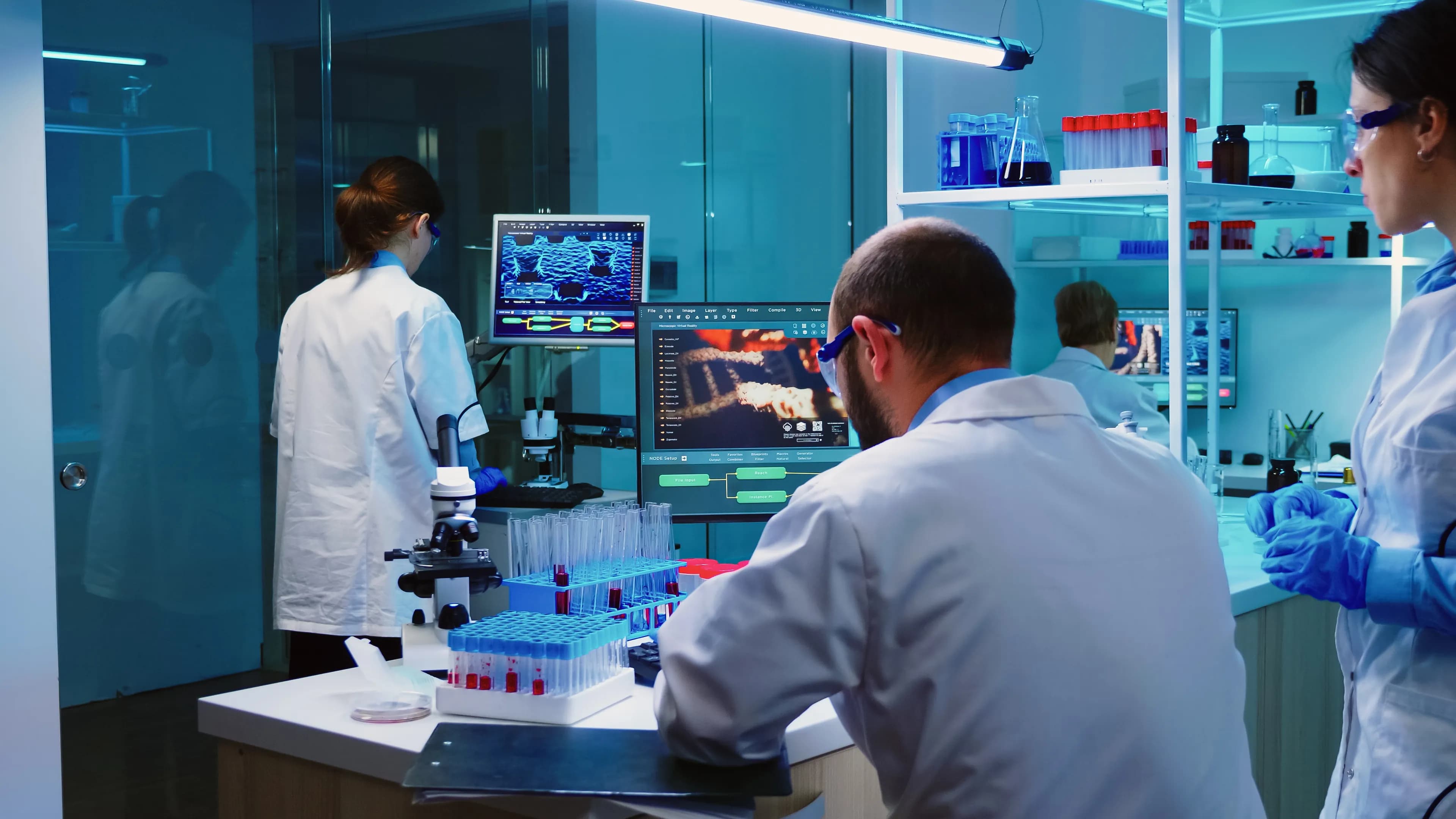 scientists-coworkers-working-chemical-modern-equipped-laboratory-night-analysing-test-results scientists-coworkers-working-chemical-modern-equipped-laboratory-night-analysing-test-results